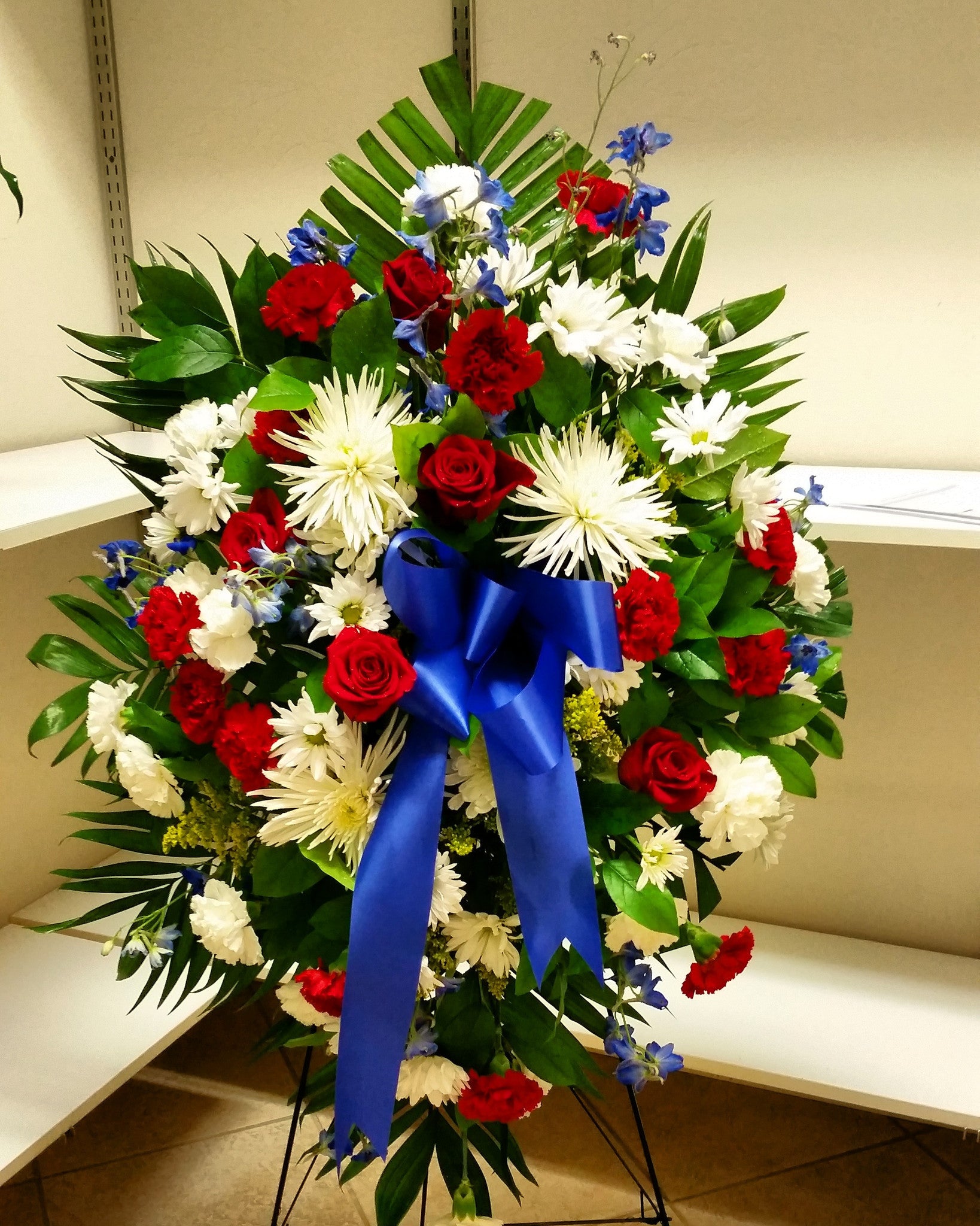 Standing Spray (Military Colors White Red and Blue) Flora Standing Spray (Military Colors White Red and Blue) Flora