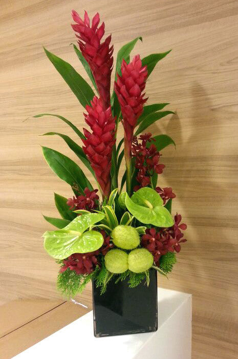 red anthurium arrangement "Nature Speaks..." Ginger, Anthurium and Orchid Arrangement